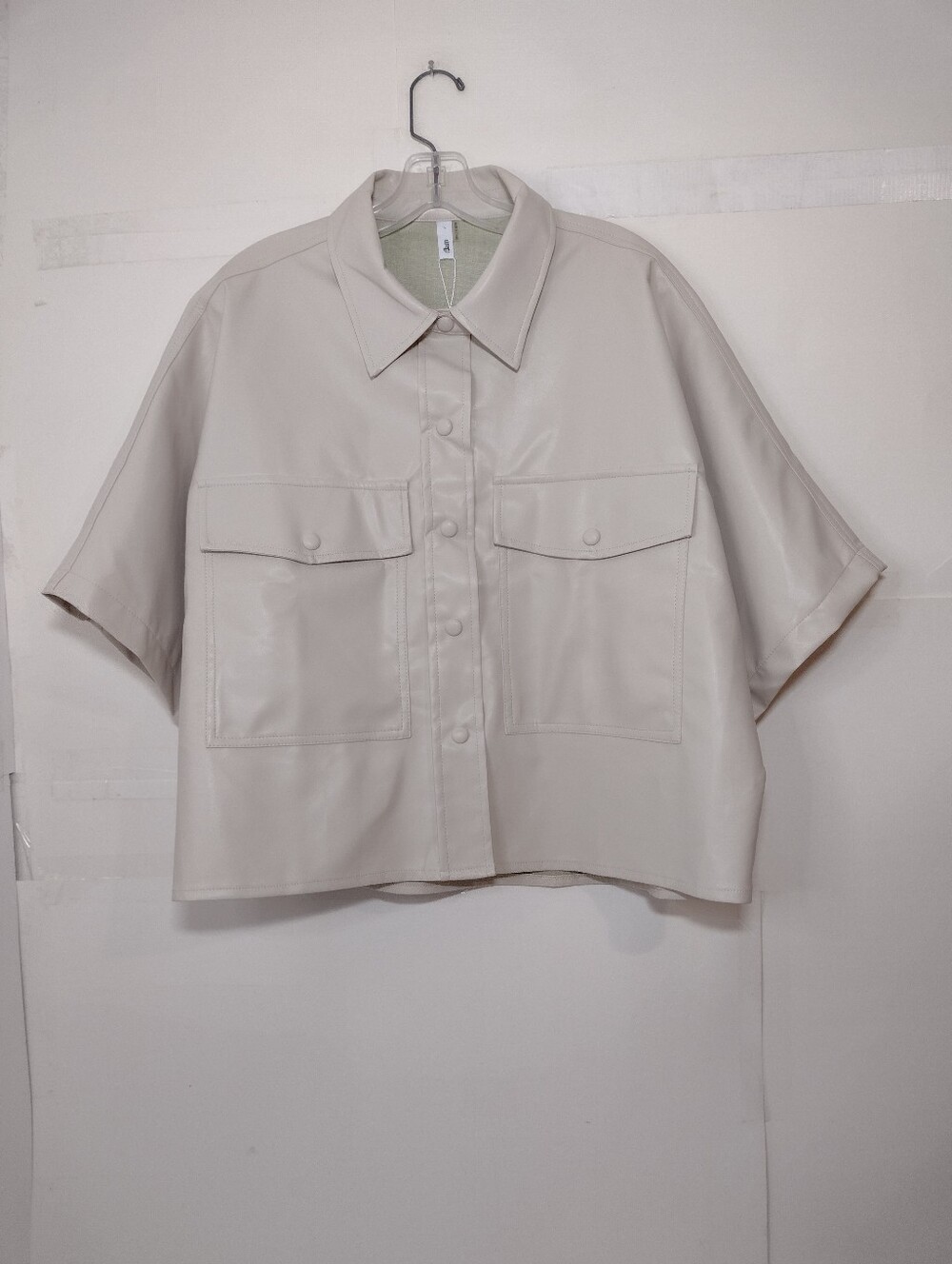 glam Women's Short Boxy Faux Leather Shirt Jacket - Light Beige